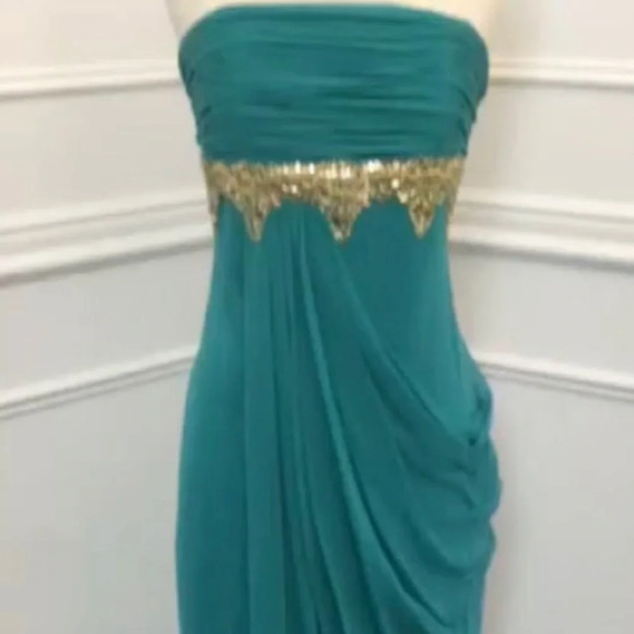 Marchesa Teal Strapless pleated and draped silk Dress with Gold beaded accent. - Picture 4 of 13